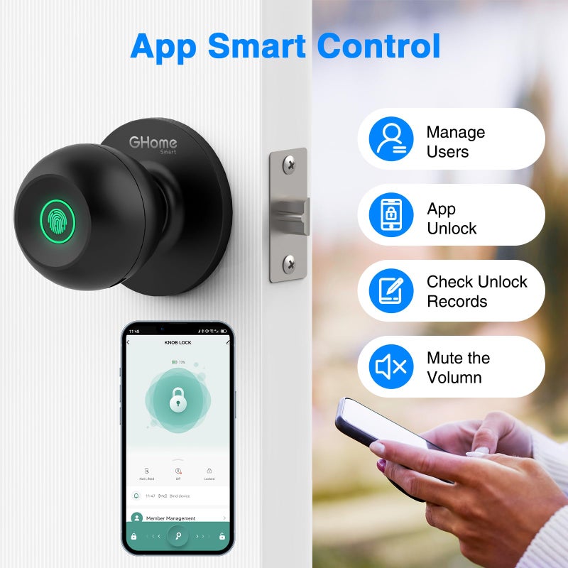 GHome Smart Fingerprint Door Lock  3 in 1 Smart Door Knob with App Control & Key & Keyless Thumbprint Entry  Type-C Port Emergency Charging  Biometric Lock for Bedroom  Garage  Apartment  Office - Image 4